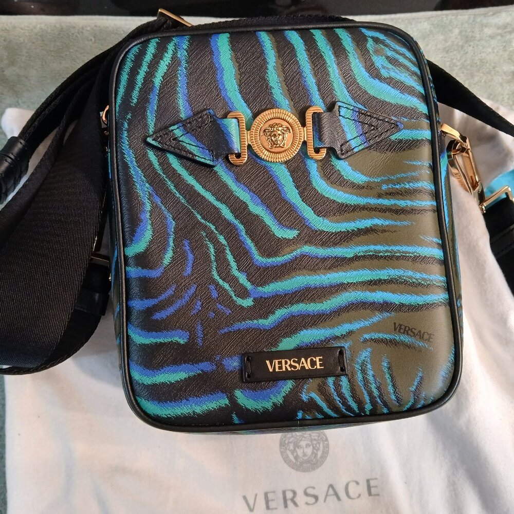 Versace unisex La Medusa biggie zebra logo monogram leather crossbody